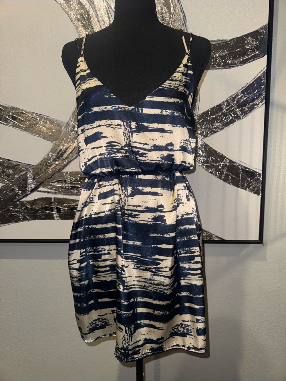 Sleeveless Navy and Cream Print V-Neck Dress